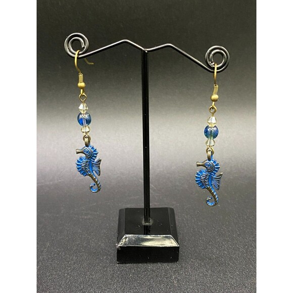 Bronze Tone Seahorse with Blue Glass & Clear Crystal Bead Earrings by Neanie-Bot - Picture 2 of 2